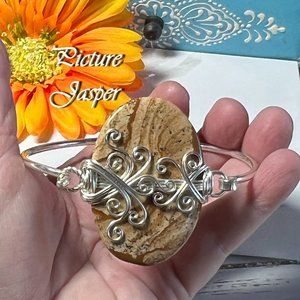 Picture Jasper Bangle Bracelet Cuff Handmade Gemstone Silver Plated Wire Wrapped